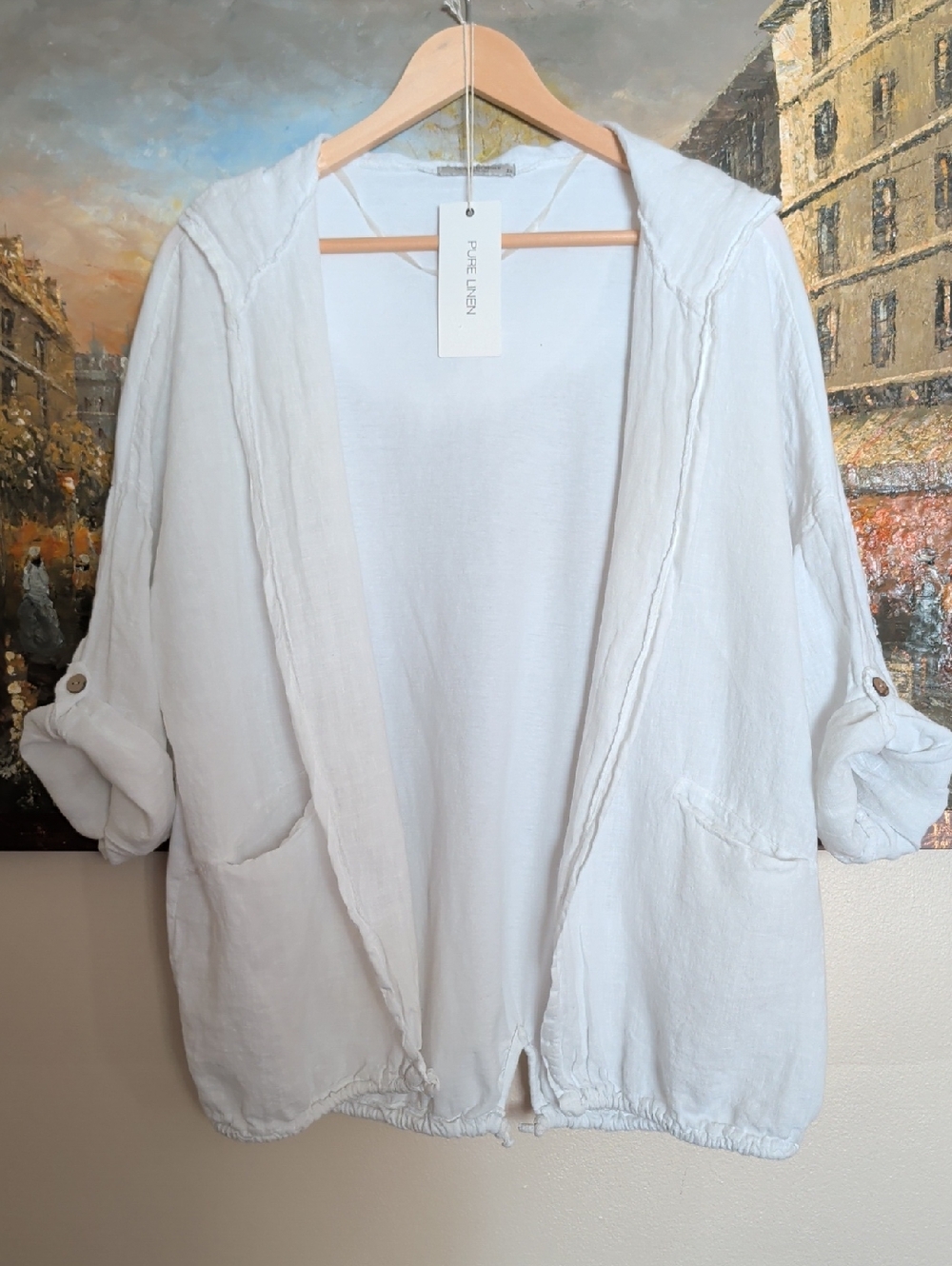 Viola Borghi Pure Linen Women's White Hooded Lightweight Open Jacket